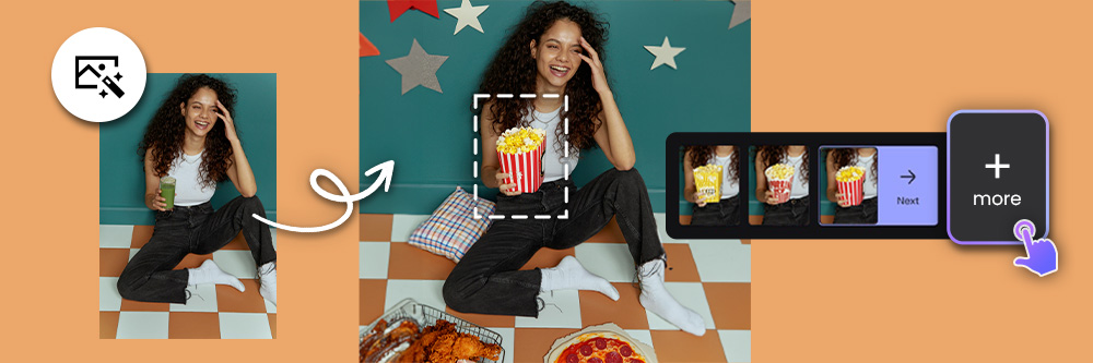 an original photo of a girl holding a drink at left and an AI replaced photo of the drink being replaced with popcorn and add pizza and fried chicken at the ground